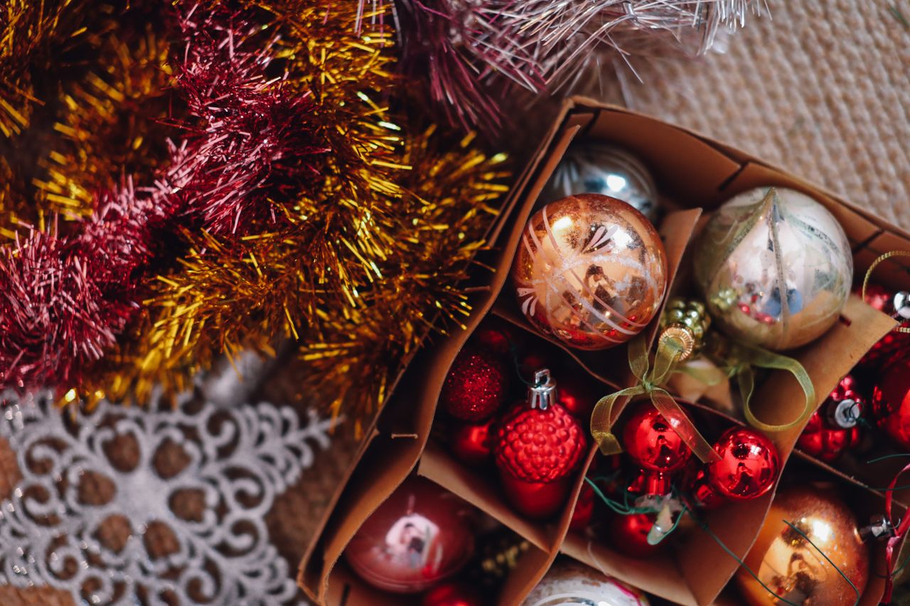 A collection of festive Christmas ornaments and tinsel, perfect for holiday decor inspiration.